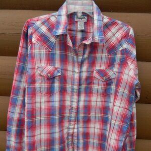 Wrangler Western Shirt Womens XL Red White & Blue Plaid Pearl Snap Cowgirl Rodeo